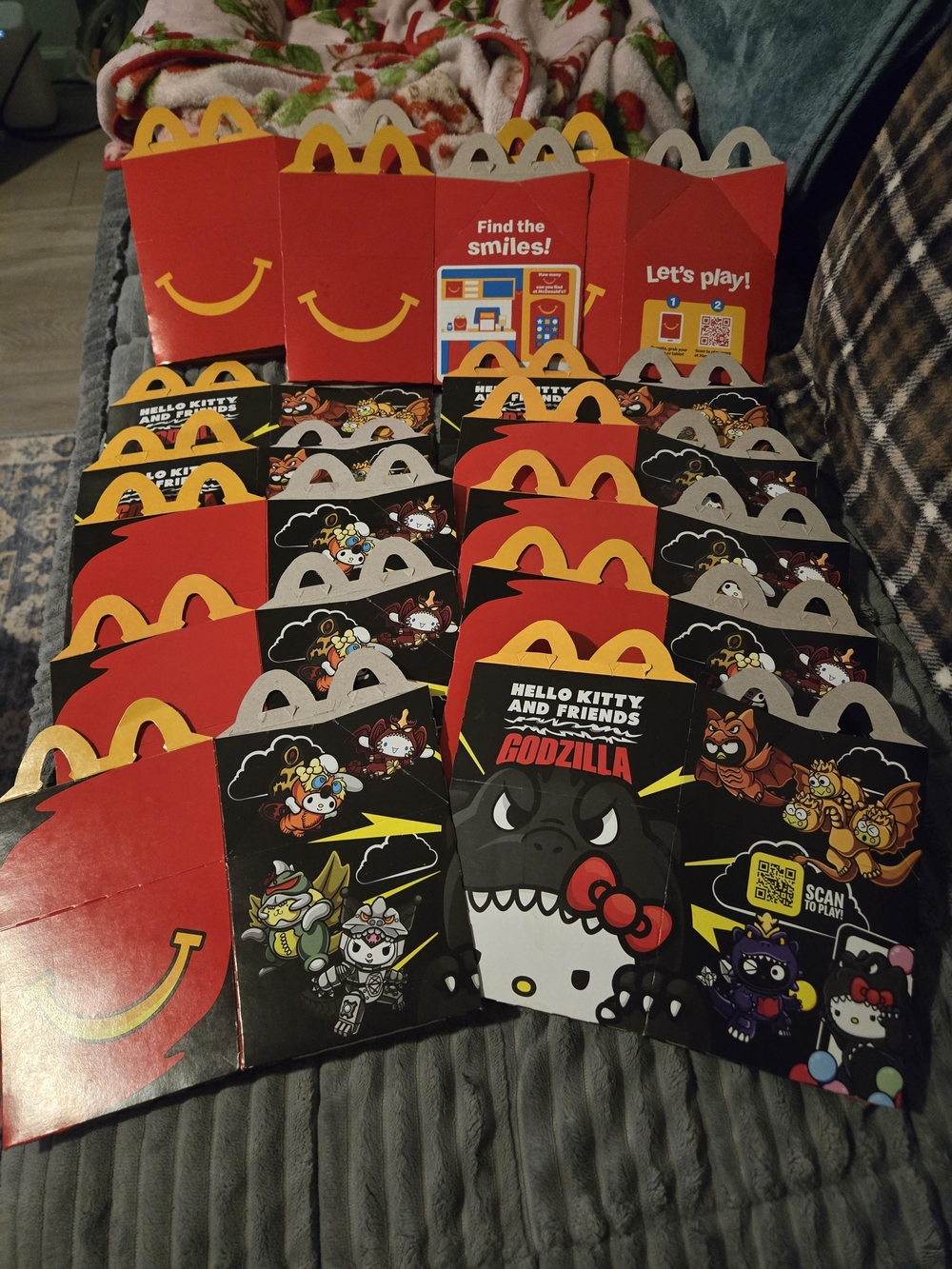 McDonald's Red Yellow Black Hello Kitty & Friends Godzilla Happy Meal Boxes